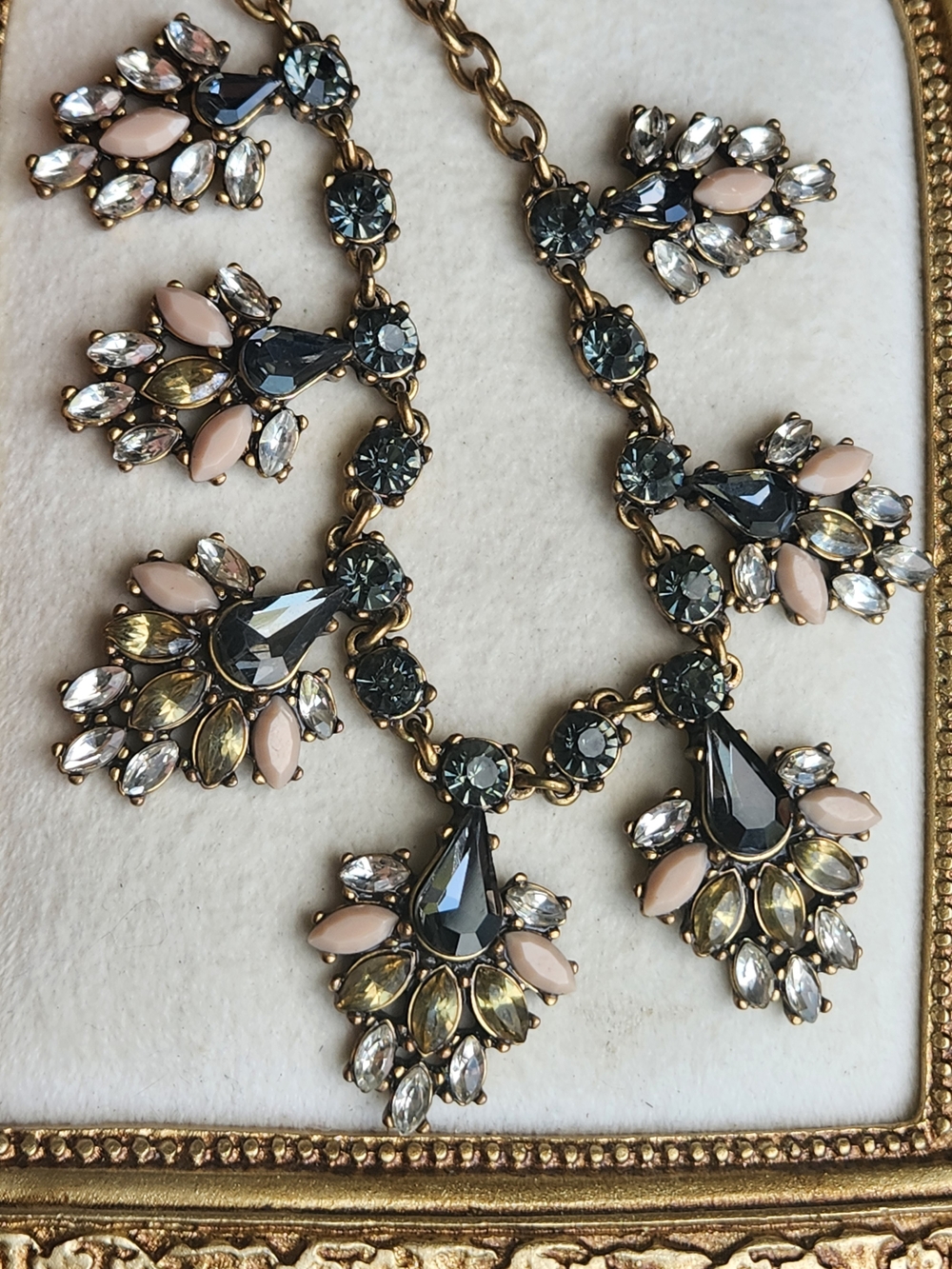Rare VTG Brulee J.CREW Crystal  Statement Necklace Smoky Gray, Taupe & Clear